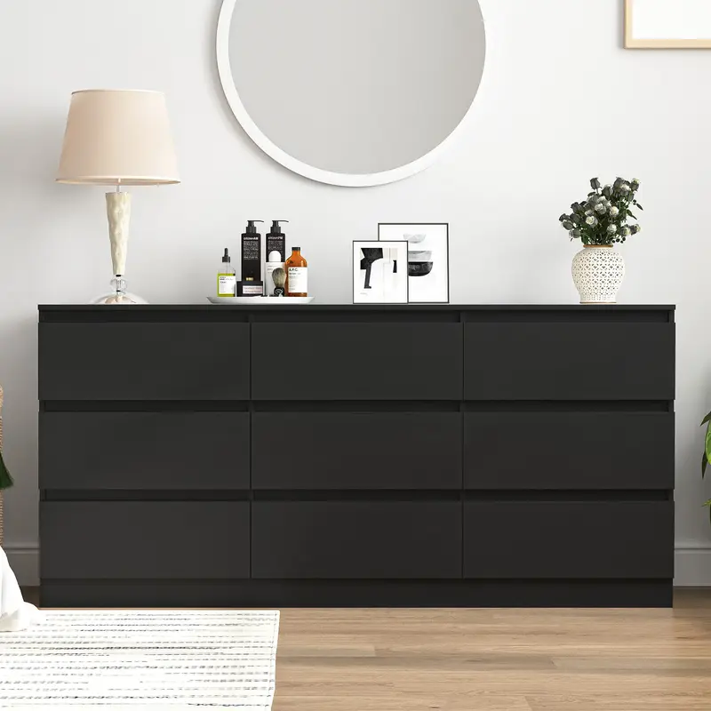 Spaco Modern Wide Black Dresser with 9 Drawers,Chest of Drawer Storage Cabinet for Clothes,Bedroom Storage Organizer Night Ta...