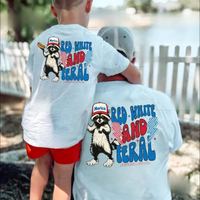 Youth And Adult Red White & Feral Short Sleeve Shirt, Funny Racoon Shirt, Matching 4th of July Tee, Southern Boy America Shir...
