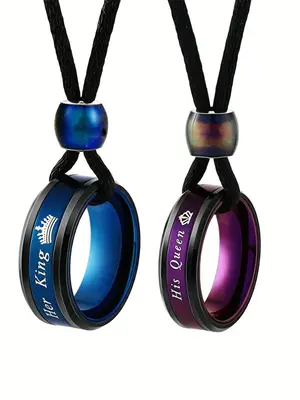 Fall 2024 Couple Fashion Trendy Ring Charm Pendant Necklace, Boho King & Queen Pattern Necklace Jewelry, Daily Clothing Decor...