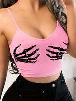 Women's Streetwear Skeleton Hand Print Crop Graphic Medium Stretch Cami Top, Pastel Goth Casual Spaghetti Strap Sleeveless To...
