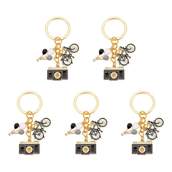 5Pcs Hot Air Balloon/Camera/Bicycle Alloy Enamel Pendant Keychain