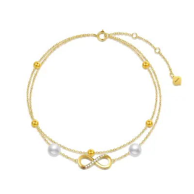 14K Gold Cubic Zirconia Pearl Bead Infinity Symbol Multi-layered Charm Anklet
