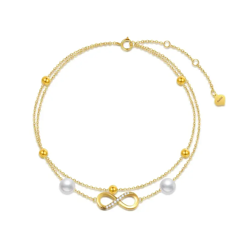14K Gold Cubic Zirconia Pearl Bead Infinity Symbol Multi-layered Charm Anklet