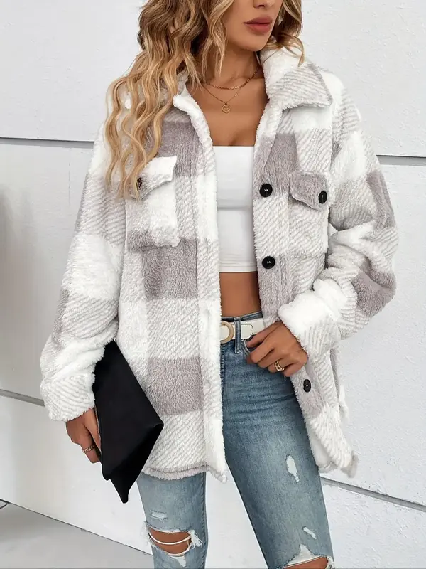 Women's Plaid Print Button Front Fuzzy Coat, Casual Drop Shoulder Long Sleeve Collared Outerwear for Fall & Winter, Ladies C...