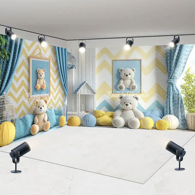 Aperturee Modern Blue Yellow Wall Teddy Bear Room Set Backdrop, 7X7FT(Left Wall)+10X7FT(Right Wall)+10X7FT(Floor), 247.5 USD,...