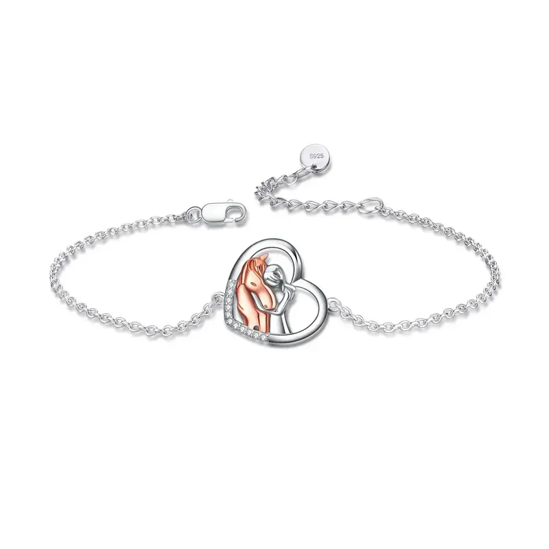 Sterling Silver Two-tone Horse & Heart Charm Bracelet