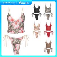 Women's 2 Piece Leopard Floral Tankini Swimsuits Twist Slit Camisole with Bottoms