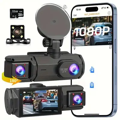 32GB 1080P HD WiFi Dash Cam, 1 Count Portable Recorder with Front, Rear & Interior Lenses, Night-Vision, G-sensor, Loop Recor...