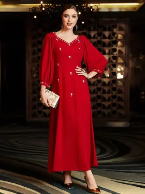 Women's Plain Rhinestones Decor Sweetheart Neck Bishop Sleeve Arabian Dress, Elegant Long A-Line Muslim Dress For Party Weddi...