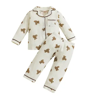 Kids Toddler Girl Boy Two Piece Pajamas Set Button Down Pajama Shirt Top long Pants Bear Sleepwear Pjs Set Pajamas For Kids