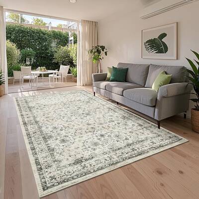 Garvee Vintage Washable Rug 5x7 Non-Slip Retro Floral Throw Rug Beige for Living Room Dining Room Bathroom Kitchen