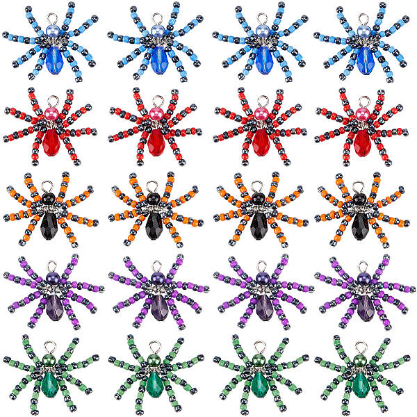 20Pcs Halloween Spider Glass Pendants