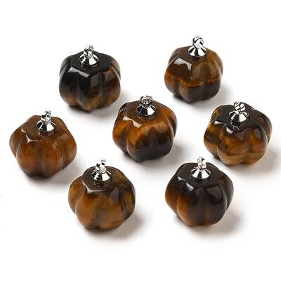 Natural Tiger Eye Pumpkin Charms with Platinum Tone Brass Bails