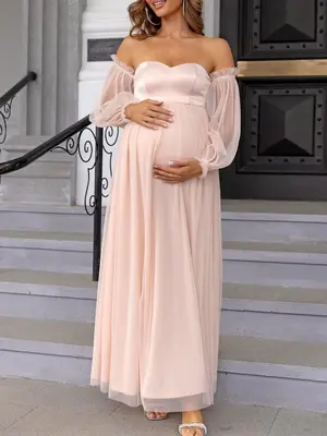 Women's Off The Shoulder Sheer Bishop Sleeve Tulle Maternity Dress, Women's Summer Clothes, Elegant Plain Long Sleeve Long ...