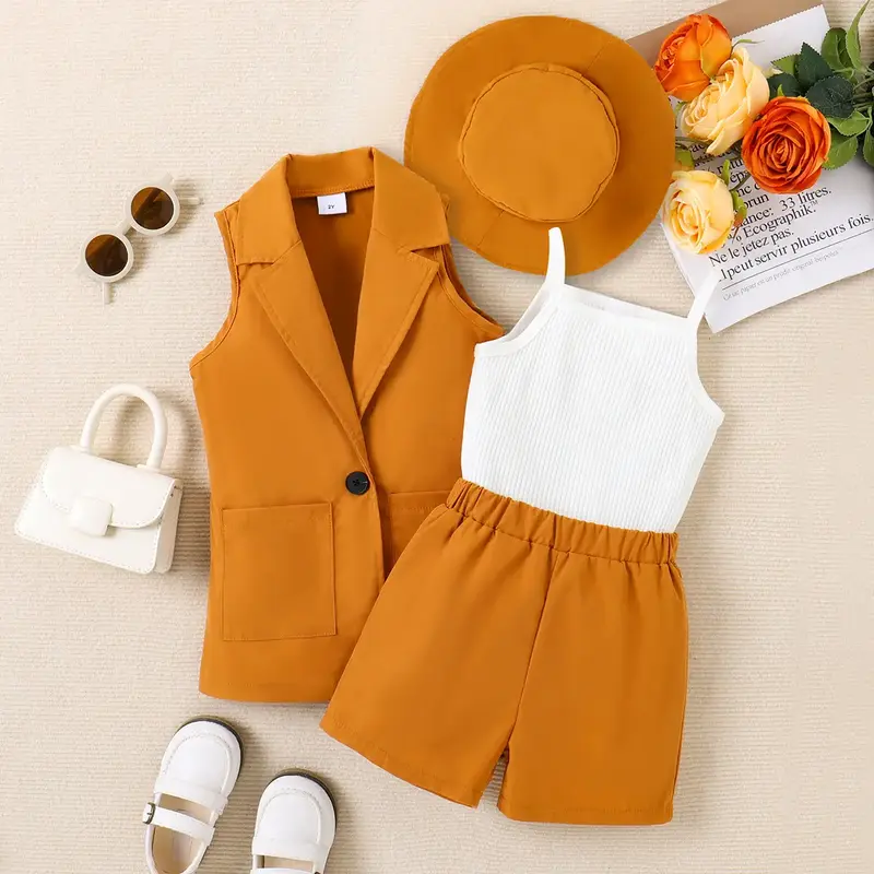 PatPat 4pcs Toddler Girl Solid Rib-knit Cami Top & Shorts & Vest Blazer & Hat Set