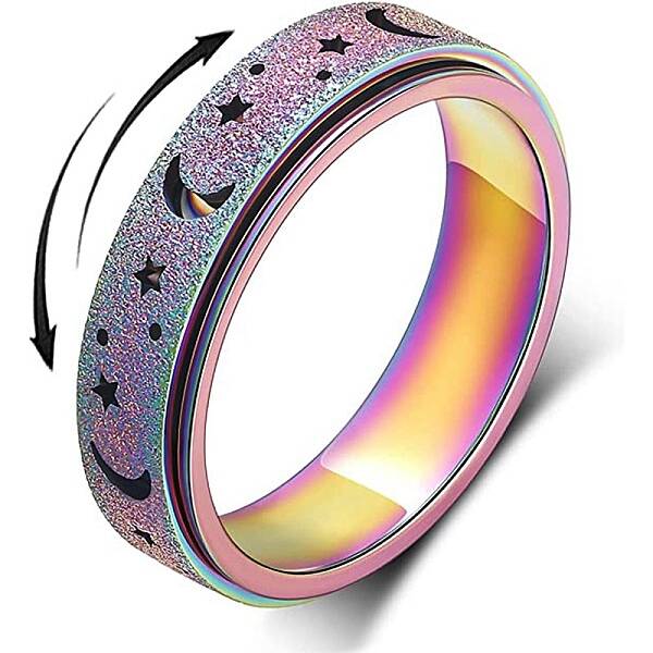 201 Stainless Steel Moon and Star Rotatable Finger Ring