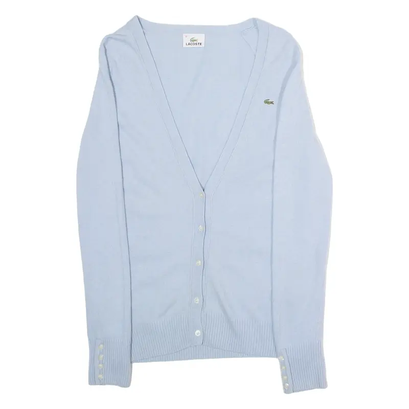 LACOSTE Womens Cardigan Blue V-Neck Tight Knit Wool UK 10