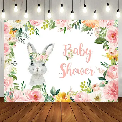 Aperturee Pink Floral Bunny Theme Baby Shower Backdrop