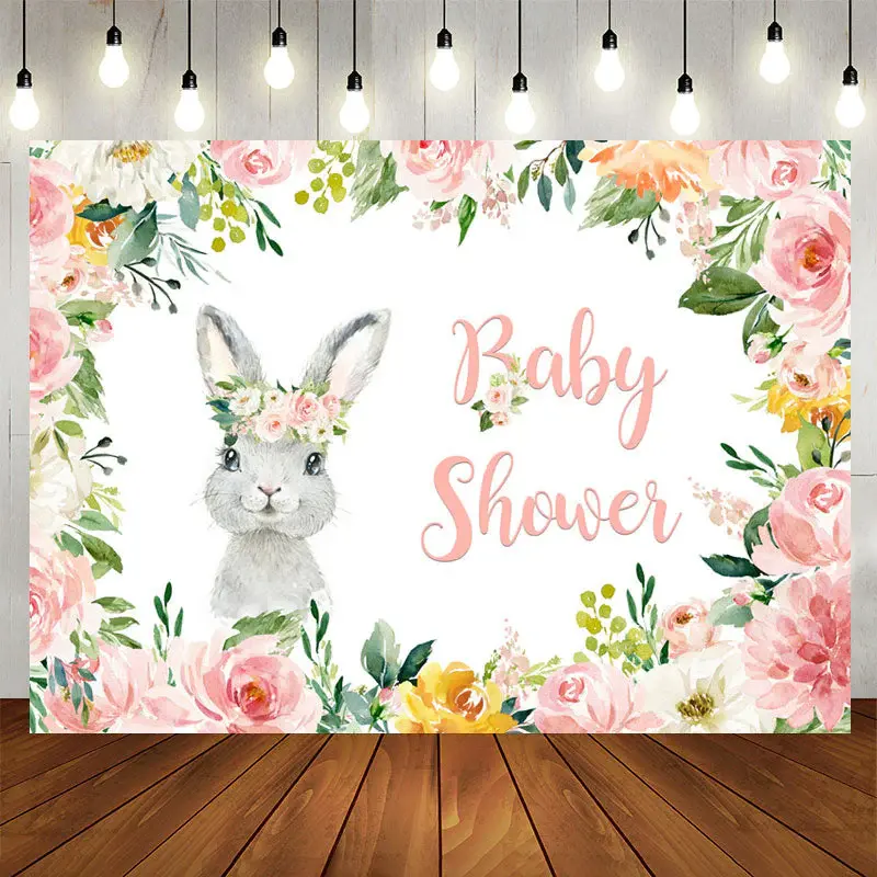 Aperturee Pink Floral Bunny Theme Baby Shower Backdrop