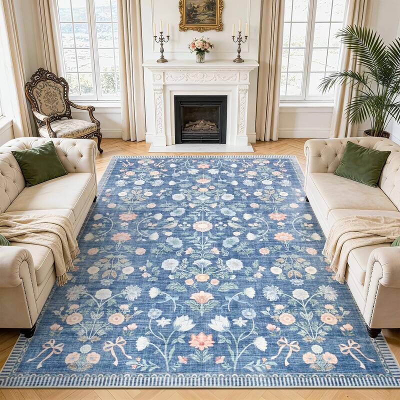 Garvee 8x10 Washable Area Rugs Soft Carpet Indoor Floor Floral Large Carpets Non Slip Fade Resistant Foldable Mats Blue for L...