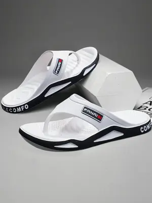 Men's Casual Letter Pattern Soft Comfortable Flip Flops, Non-slip Beach Slippers, Fashionable Slippers for Indoor & Outdoor W...