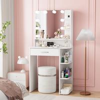 Makeup Vanity Desk with Mirror and Lights, 26.4”Small Vanity Mirror with Lights with Large Drawer and 6 Level Storage, Whit...