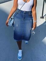 Women's Ripped Denim Skirt, Fashion Casual Minimalist Button Fly Skirt for Daily Outdoor Wear, Ladies Bottoms for Summer, Wom...