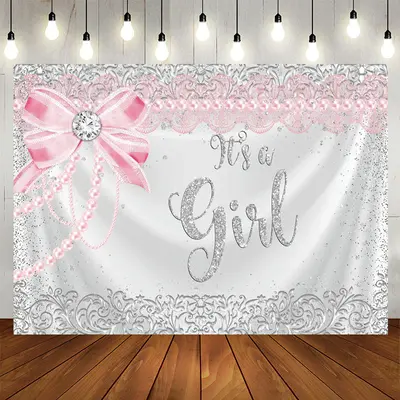 Aperturee Silver Glitter And Pink Its A Girl Baby Shower Backdrop