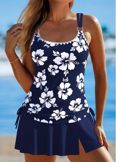 Modlily Ruched Mid Waisted Floral Print Navy Tankini Set - M