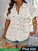 【Plus Size】 Colorful Heart Print Rolled Batwing Sleeve Button Front Shirt, Casual Short Sleeve Collar Top for Summer, Goi...