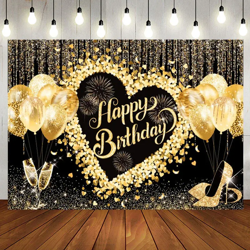 Black Gold Glitter Balloons Women Birthday Backdrop - Aperturee