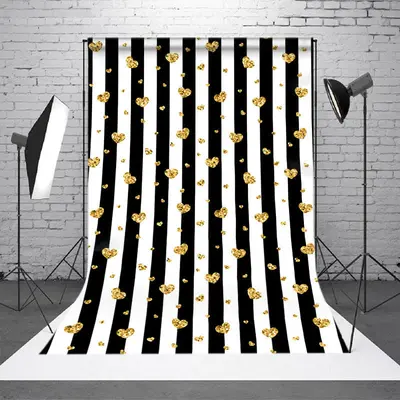 Golden Hearts Black Stripes Valentines Day Backdrop - Aperturee