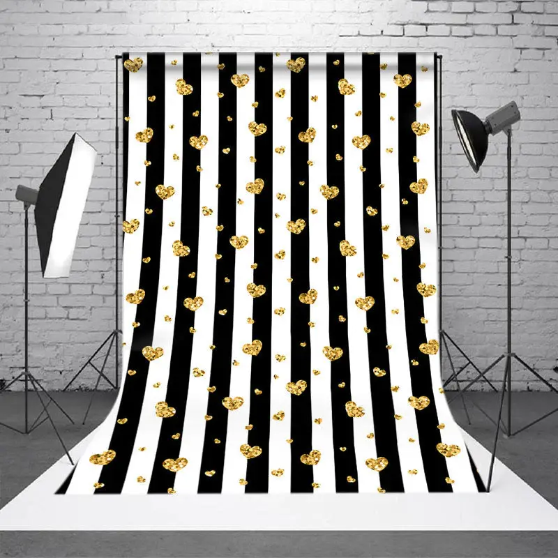 Golden Hearts Black Stripes Valentines Day Backdrop - Aperturee
