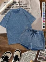 Two-Piece Set Women's Solid Color Tee & Denim-Effect Print Shorts, Casual Round Neck Short Sleeve T-Shirt & Shorts, Ladies Su...