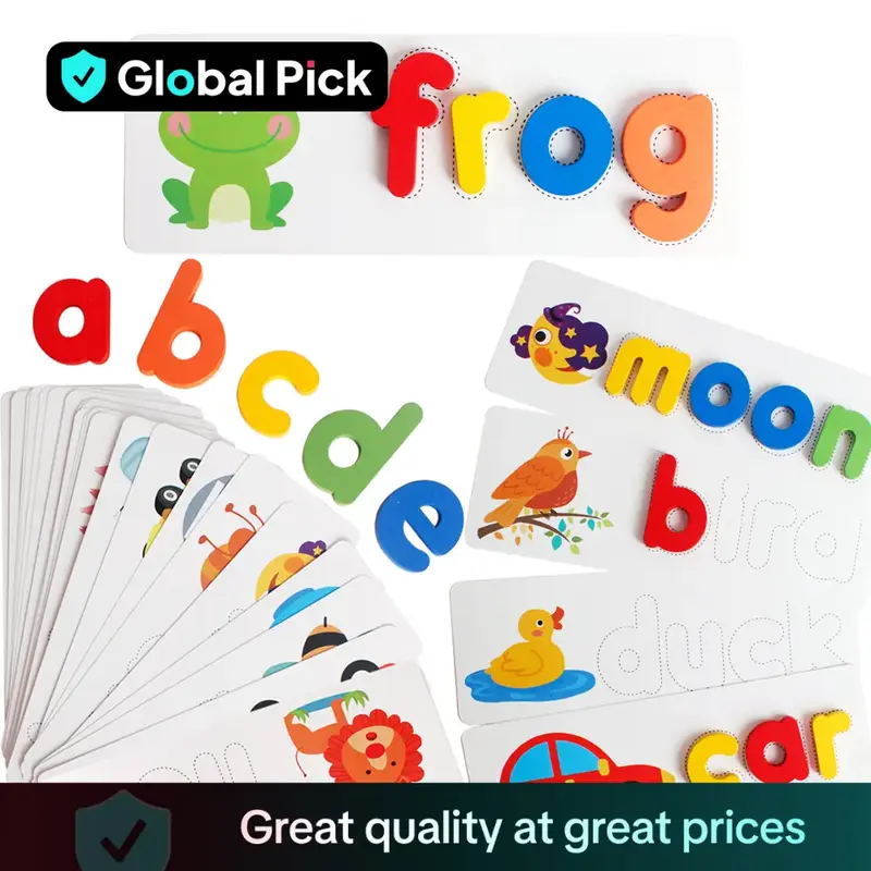 Wooden Alphabet Flash Cards, 1 Set Matching Shape Letters Word Puzzle Games, Creative Spelling Game Learning Toys for Home S...