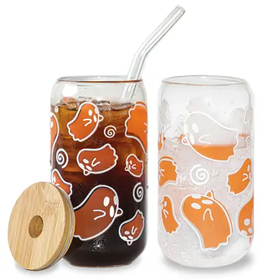 Sip-Sip Hooray! 16oz Color-Changing Ghost Glass Cup – Halloween Iced Coffee Tumbler with Lid & Straw, Spooky Season Drinkwa...
