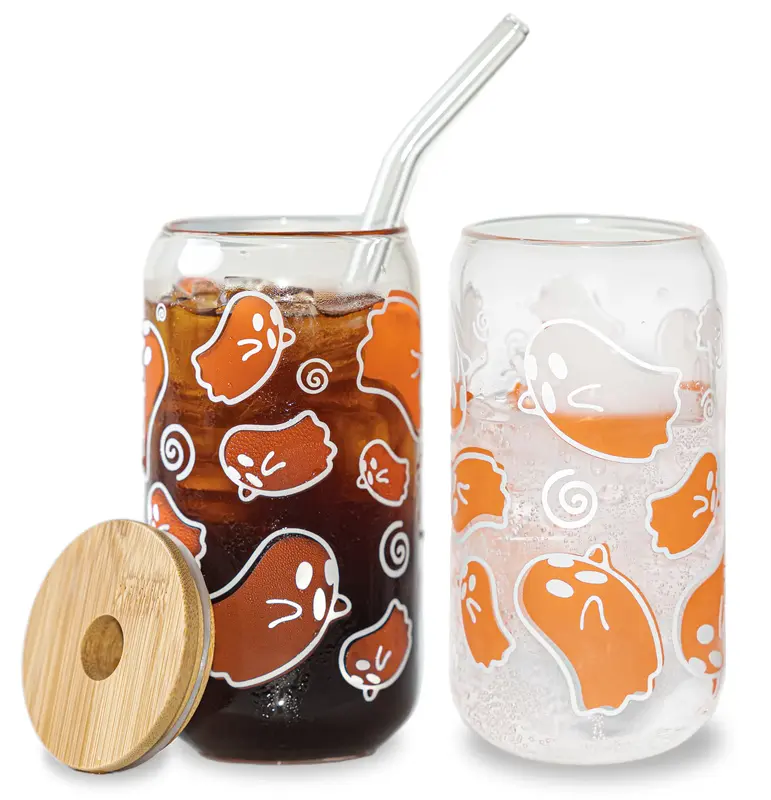 Sip-Sip Hooray! 16oz Color-Changing Ghost Glass Cup – Halloween Iced Coffee Tumbler with Lid & Straw, Spooky Season Drinkwa...