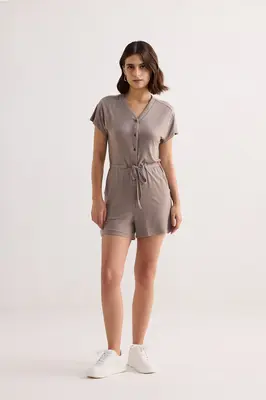 V-neck Drawstring Knit Romper in Dusty Brown | Color: Autumn Maple | Size: L