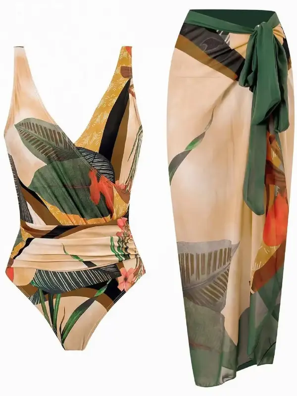 2 Pieces Women's Ruched Backless Tropical Print Wrap Swimsuit & Tie Front Skirt Set, Boho Sleeveless Swimwear Set for Beach H...