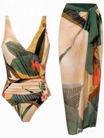 2 Pieces Women's Ruched Backless Tropical Print Wrap Swimsuit & Tie Front Skirt Set, Boho Sleeveless Swimwear Set for Beach H...