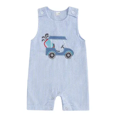 Baby Boy Golf Cart Summer Onesie Overalls Sleeveless Crew Neck Striped Embroidery Romper Shorts Jumpsuit 0-18 Months