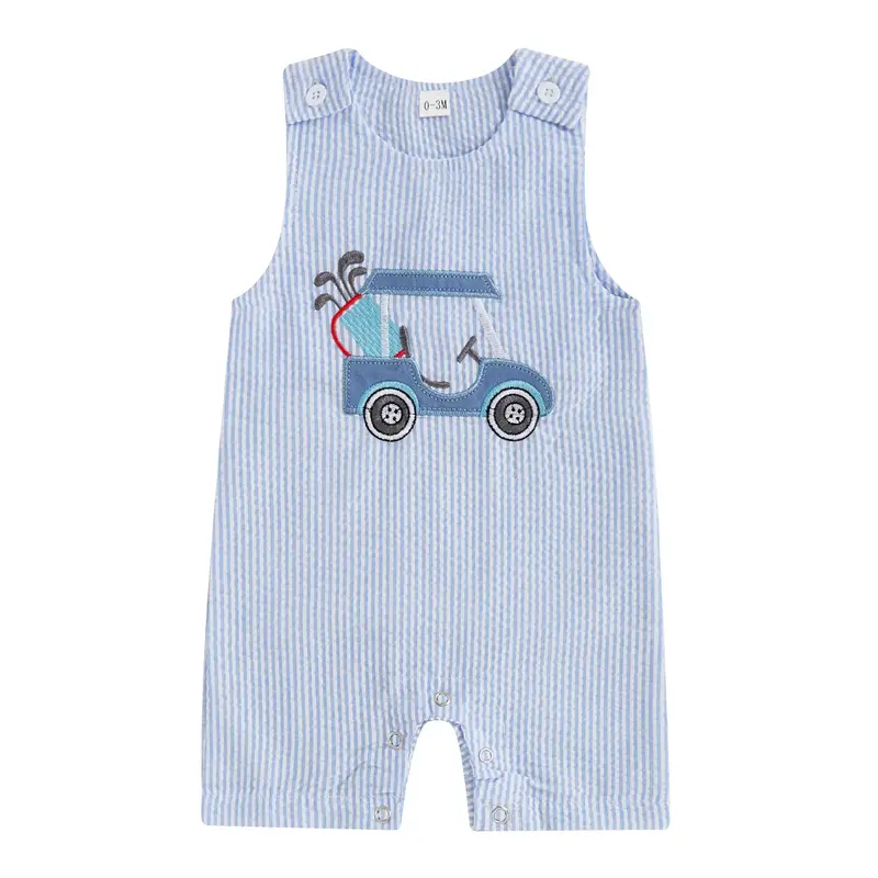Baby Boy Golf Cart Summer Onesie Overalls Sleeveless Crew Neck Striped Embroidery Romper Shorts Jumpsuit 0-18 Months