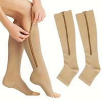 Zipper Compression Socks, 1 Pair Solid Color High Knee Compression Sports Socks for Running Jogging, Compression Leg, Funny G...