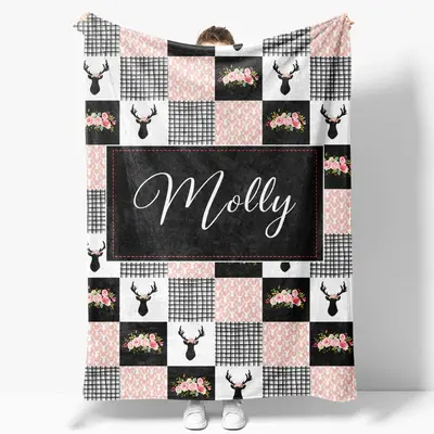 Pink Black White Elk Floral Plaid Custom Name Blanket - Aperturee