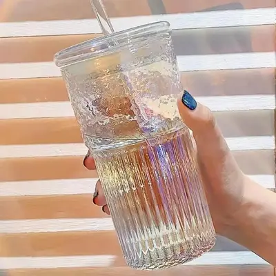 Casual Stripe Clear Glass Water Cup, 650ml Tumbler Cup with Straw, Portable Water Bottles, Drinking Cup for Home Office Use, ...