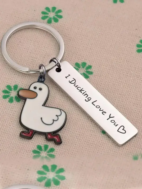 Cute Cartoon Duck Stainless Steel Keychain, Fashion Letter Engraving Slogan Metal Keychain Jewelry, Backpack Messenger Bag De...