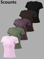 Women's Solid Color Round Neck Sports Tee, Quick Drying Breathable Crew Neck T-shirt for Yoga Gym Workout Running, Ladies Spo...