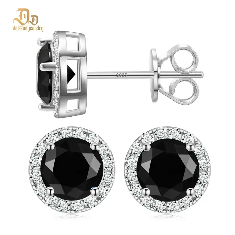 Delzzad S925 Halo VVS Black Synthetic Moissanite Stud Earrings Birthday Anniversary Mother's Day Gifts for Men Women
