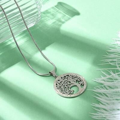 304 Stainless Steel Crystal Rhinestone Tree of Life Pendant Necklaces for Women