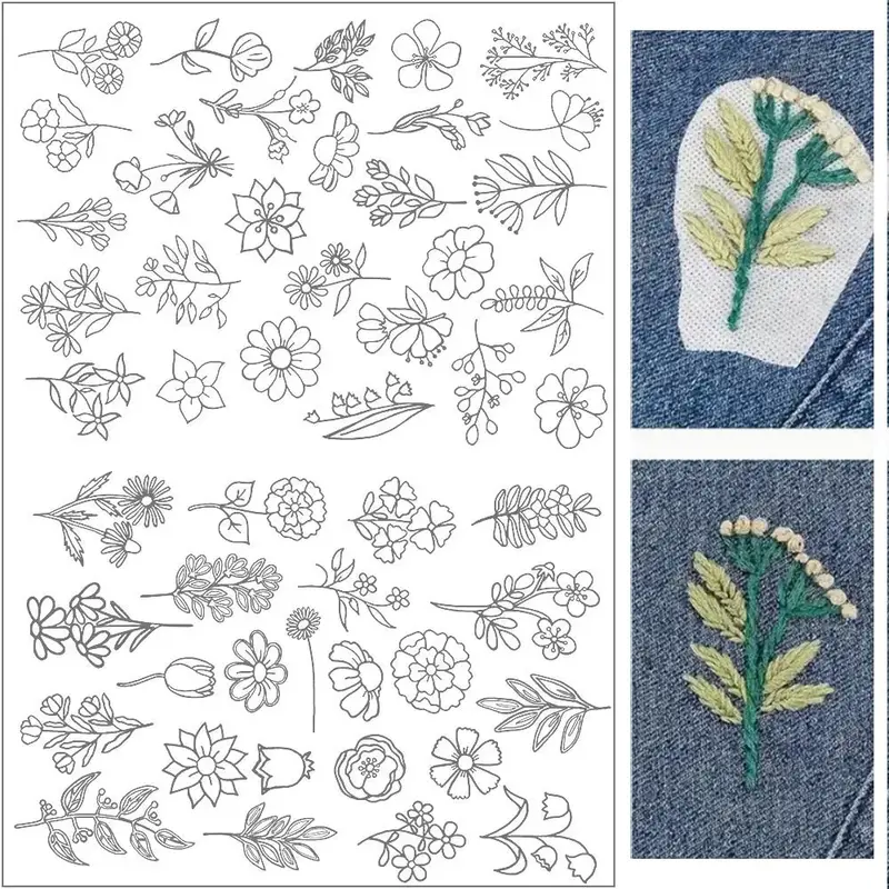 Water-soluble Embroidery Stabilizer, 50pcs Sewing Stabilizer with Floral Patterns, Adhesive Back Sewing Supplies for Hand Sew...